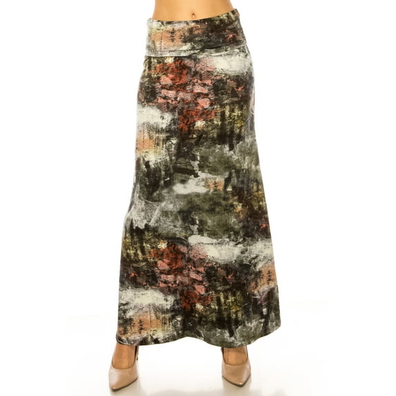 Women's Printed High Waisted A-Line Maxi Skirt with Foldable Waistband - Relaxed Fit
