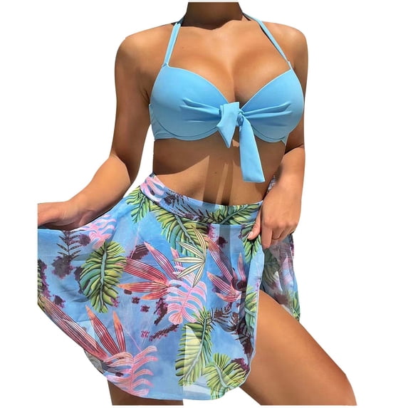 Women's Printed High Waisted Split Swimsuit Three-piece Swimsuit Set