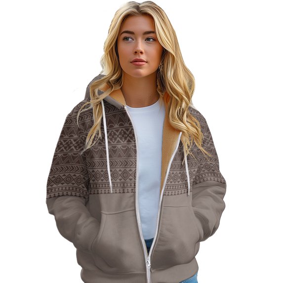 Women's Printed Jacket Vintage Ethnic Arctic Fleece Long Hoodie With Zipper Warm