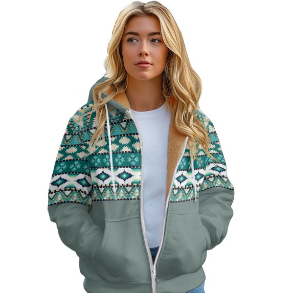 Women's Printed Jacket Vintage Ethnic Arctic Fleece Long Hoodie With Zipper Warm