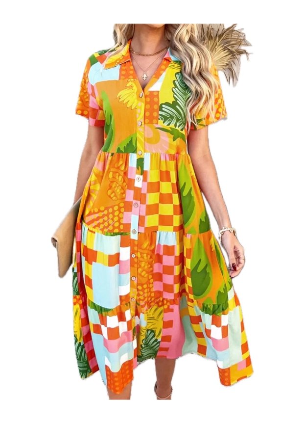 Women's Printed Johnny Collar Button Down Short Sleeve Midi Shirt Dress 70% viscose 30% lyocell fabric with relaxed fit