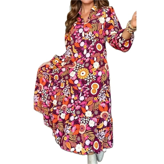 Women's Printed Johnny Collar Long Sleeve Midi Dress with Bohemian Floral Print in Burgundy Orange Pink 100% Polyester