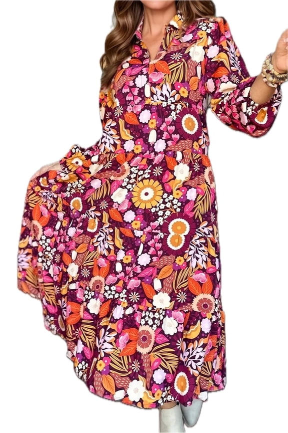 Women's Printed Johnny Collar Long Sleeve Midi Dress with Bohemian Floral Print in Burgundy Orange Pink 100% Polyester