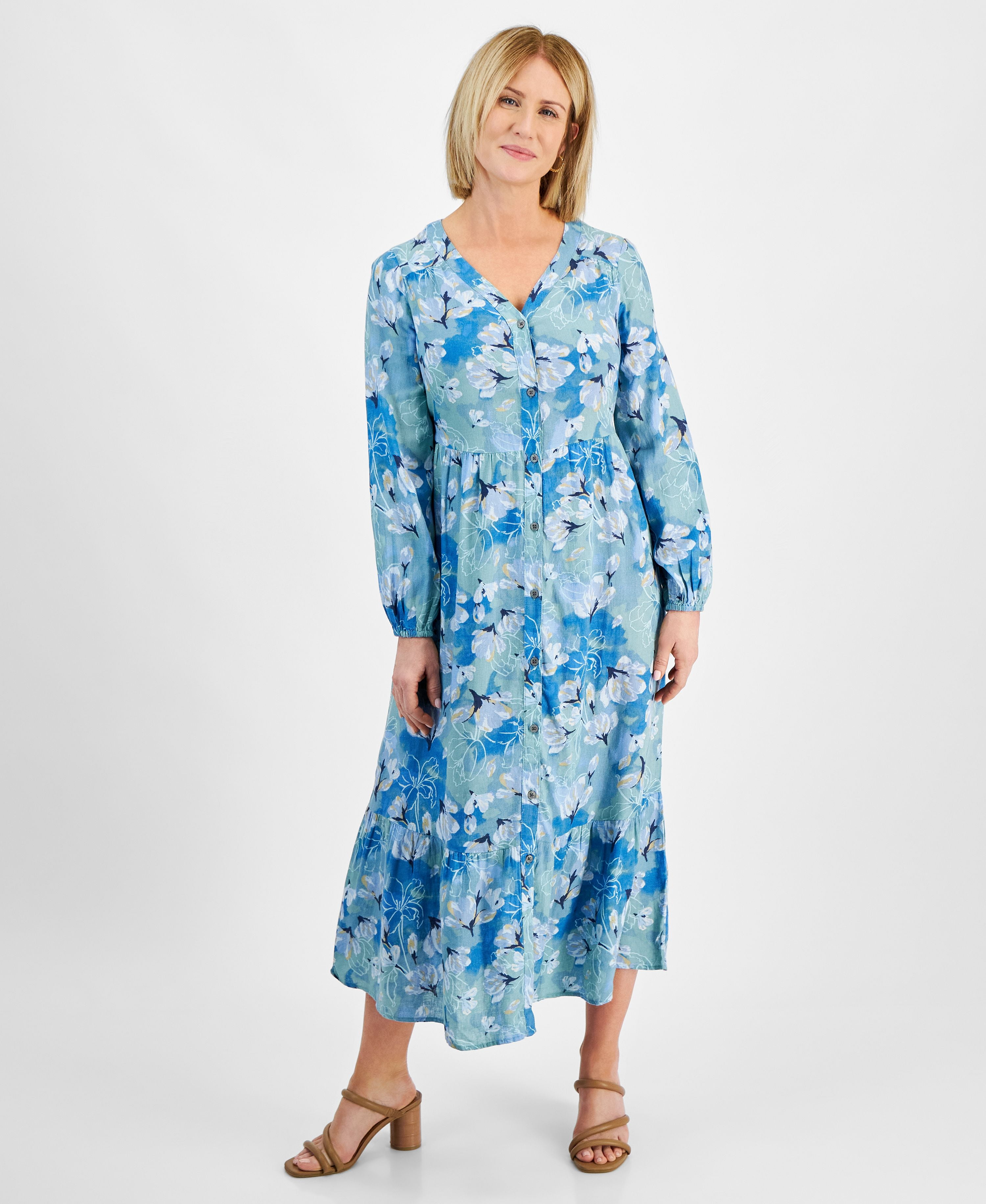 Style & Co Women's Printed Linen Tiered Midi Dress, Regular & Petite, Created for Macy's - Arles Floral Teal - Size S