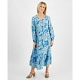 thumbnail image 1 of Women's Printed Linen Tiered Midi Dress, Regular & Petite Arles Floral Teal S, 1 of 1