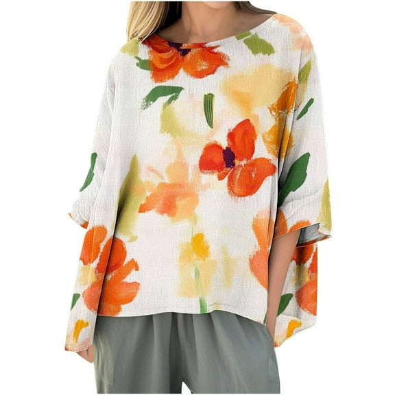 Women's Printed Linen Tunic - Oversized 3/4 Sleeve Crew Neck | 2025 Fall Lightweight Dressy Minimalist Blouse Loose Effortless