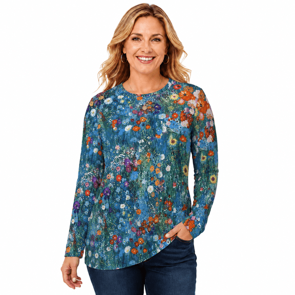Women's Printed Long Sleeve Crew Neck Casual Tunic Top
