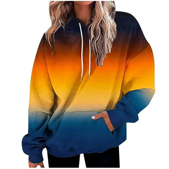 Women's Printed Long Sleeve Hooded Sweatshirt Pullover Top Casual Gradient Design Pocket Drawstring Comfortable Loose Winter