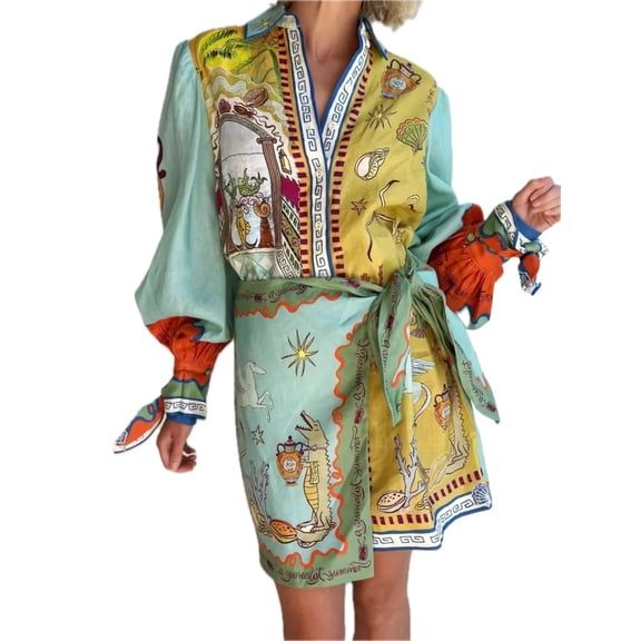 Women's Printed Long Sleeve Shirt Dress with Buttoned Tie Details 100% Polyester Fabric for Everyday Wear Comfort