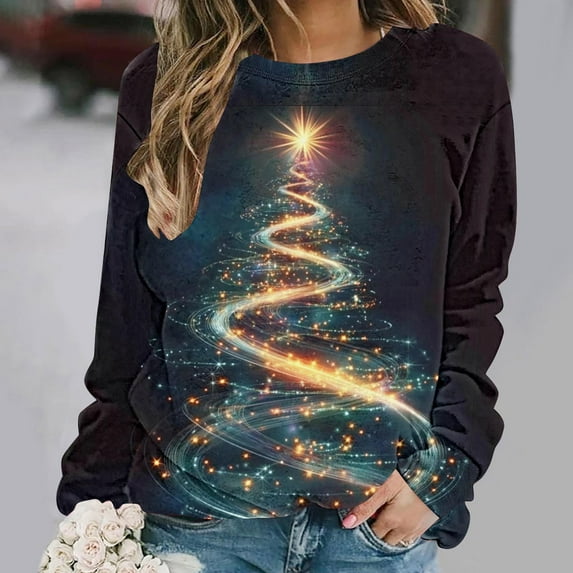 Women's Printed Loose Fit Round Neck Long Sleeve Sweatshirt for Casual Comfort and Style