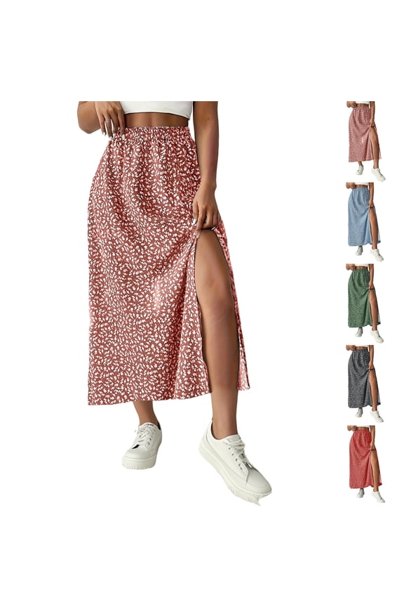 Women's Printed Maxi Skirt with Side Slit, Casual High Waist Flowy Long Skirt, Boho Summer Skirt for Vacation, Beach and Daily Wear,Black,M