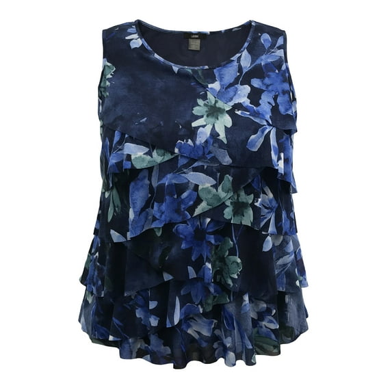 Women's Printed Mesh Crew Neck Ruffle Tank