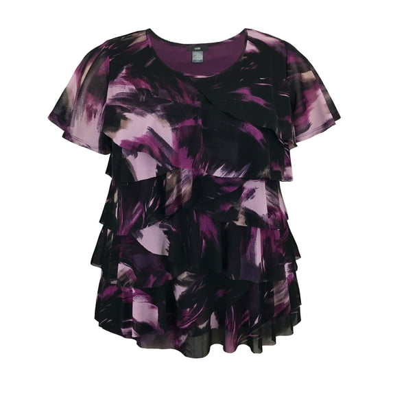 Women's Printed Mesh Crew Neck Short Sleeve Ruffle Top