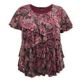 thumbnail image 1 of Women's Printed Mesh Crew Neck Short Sleeve Ruffle Top, 1 of 4