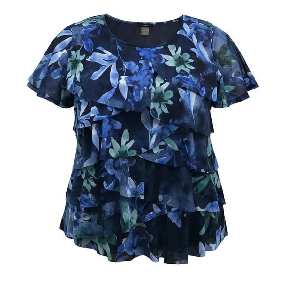 Women's Printed Mesh Crew Neck Short Sleeve Ruffle Top