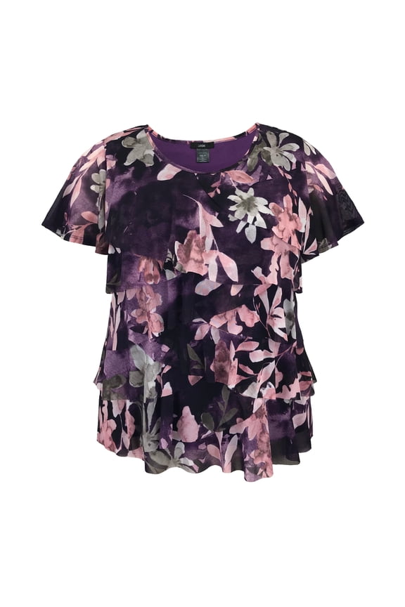 Women's Printed Mesh Crew Neck Short Sleeve Ruffle Top