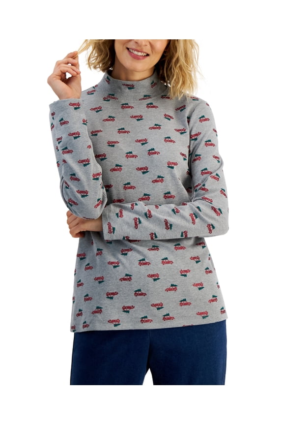 Women's Printed Mock-Neck Top Smoke Grey Heather XL