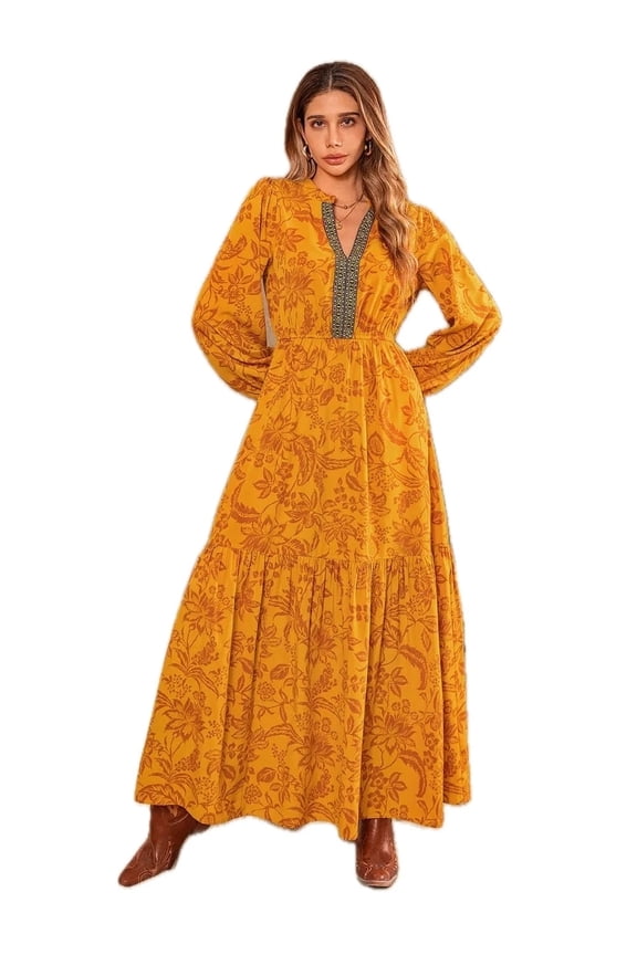 Women's Printed Notched Balloon Sleeve Dress with Sheer Look and Flattering Fit 95% polyester 5% elastane fabric