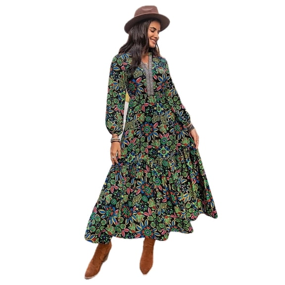 Women's Printed Notched Neck Maxi Dress with Sheer Effect and Soft Fall 95% Polyester 5% Elastane Modern fit