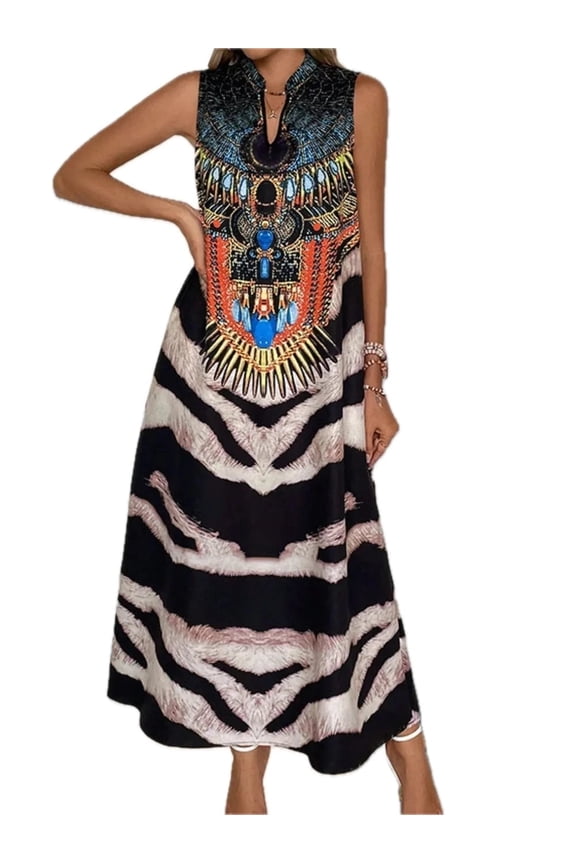 Women's Printed Notched Sleeveless Dress with Bold Pattern 100% Polyester Fabric Easy Care Machine Washable Lightweight