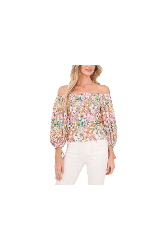 Women's Printed Off-The-Shoulder Balloon-Sleeve Top Sweet Pink S