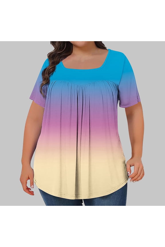 Women's Printed Oversized Pleated Short Sleeved Loose Top L-5XL | Gradient Color, Square Neck, Relaxed Fit for Plus Size Casual Wear, Summer Outfits, and Comfortable Everyday Style