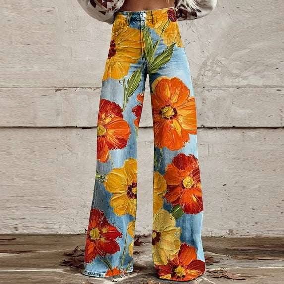 Women's Printed Pants Casual Zipper Button Pockets Pants - Comfortable Trousers Perfect for Various Casual Outfits, Limited Time Offer Under 10 Dollars