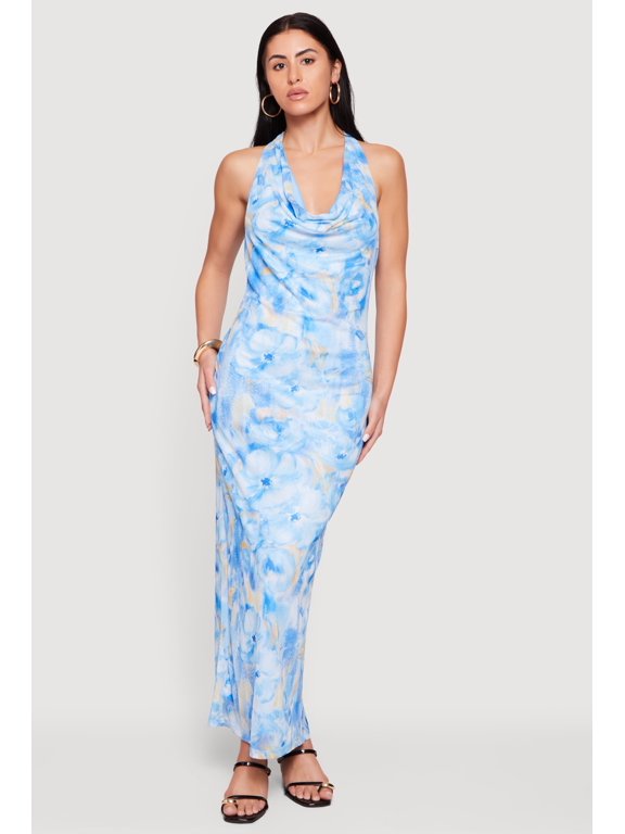 Women's Printed Pattern Cowl Halter Neck Mesh Maxi Dress