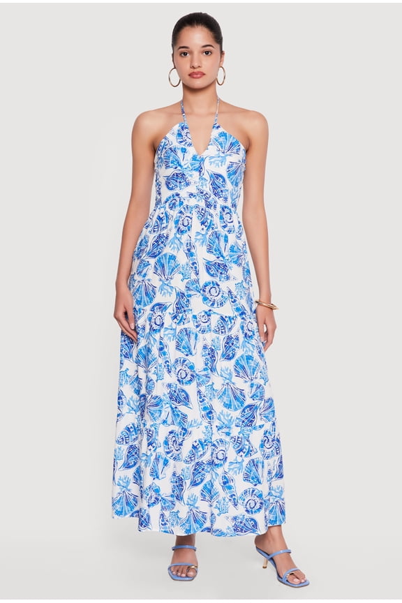 Women's Printed Pattern Halter Neck Tiered Maxi Dress
