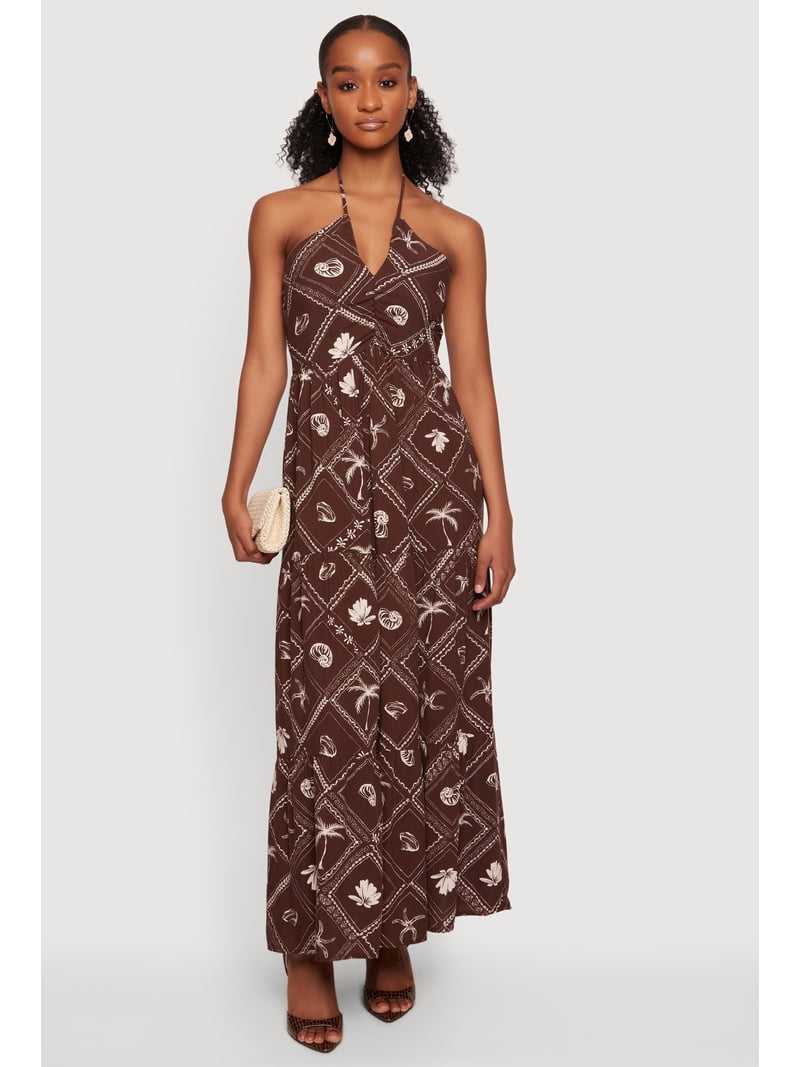 halter tiered maxi dress Women's Printed Pattern Halter Neck Tiered Maxi Dress