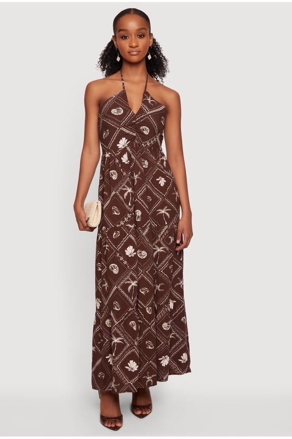 Women's Printed Pattern Halter Neck Tiered Maxi Dress