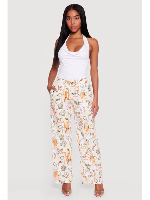Women's Printed Pattern Linen Wide Leg Drawstring Waist Pants