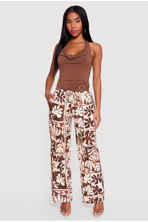Women's Printed Pattern Linen Wide Leg Drawstring Waist Pants
