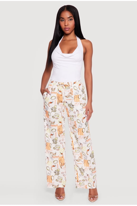 Women's Printed Pattern Linen Wide Leg Drawstring Waist Pants