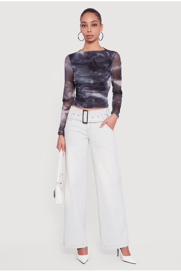 Women's Printed Pattern Ruched Mesh Overlay Crop Top