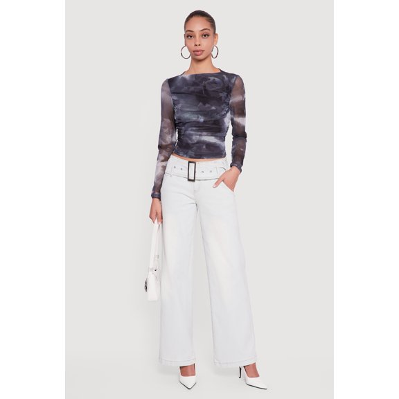 Women's Printed Pattern Ruched Mesh Overlay Crop Top