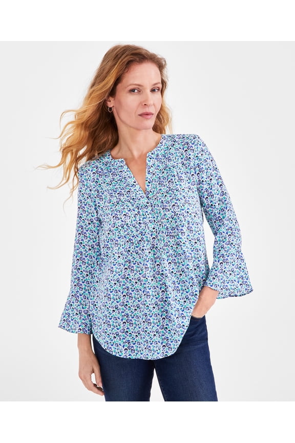 Women's Printed Pintuck Ruffle Sleeve Top, Regular & Petite Blue Floral PS