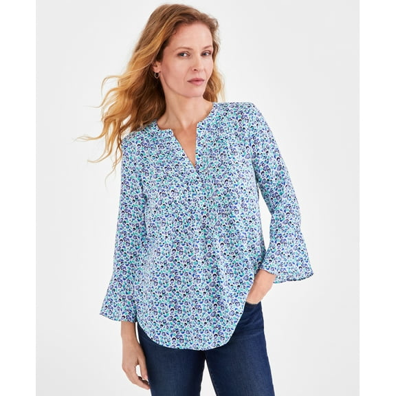 Women's Printed Pintuck Ruffle Sleeve Top, Regular & Petite Blue Floral PS