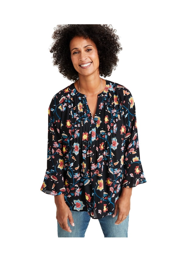 Women's Printed Pintuck Ruffle Sleeve Top, Regular & Petite Pearl Black PM