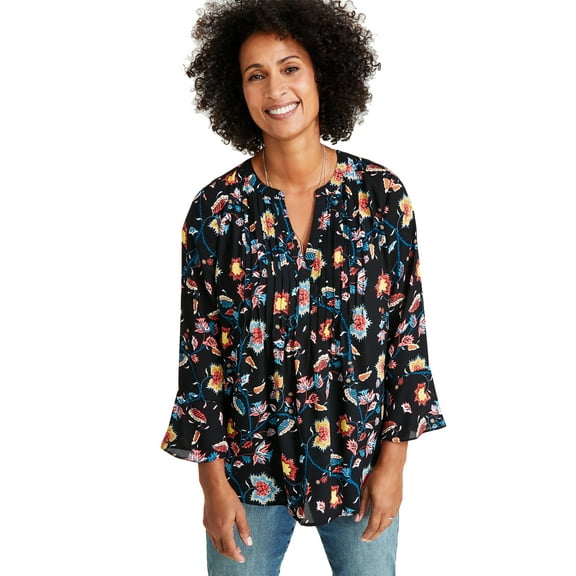 Women's Printed Pintuck Ruffle Sleeve Top, Regular & Petite Pearl Black S