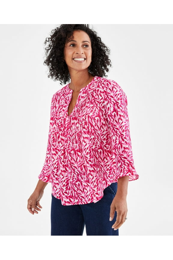 Women's Printed Pintuck Ruffle Sleeve Top, Regular & Petite Pink Fern PS