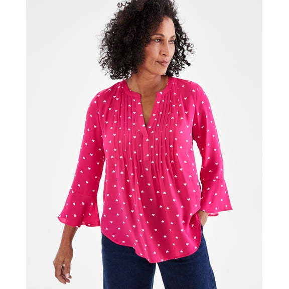 Women's Printed Pintuck Ruffle Sleeve Top, Regular & Petite Pink Heart PM