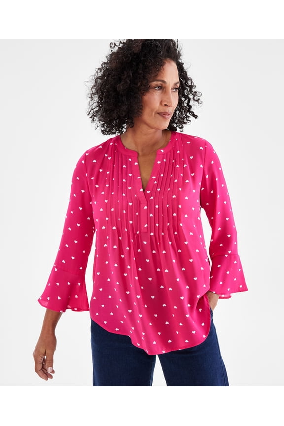 Women's Printed Pintuck Ruffle Sleeve Top, Regular & Petite Pink Heart PS