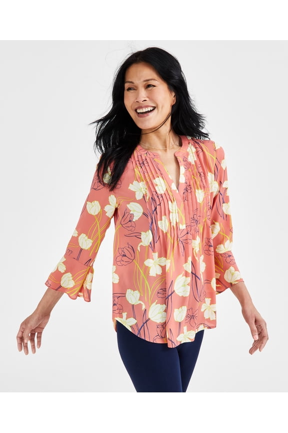 Women's Printed Pintuck Ruffle Sleeve Top Tulip Coral XL