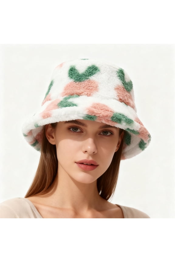 Women's Printed Plush Bucket Hat, Fresh Stylish Patterned College Style Winter Hat, Cute Fashion Basin Cap with Fluffy Brim, Warm Soft Fleece Lined Fisherman Hat for Women, Trendy Winter Cap - White