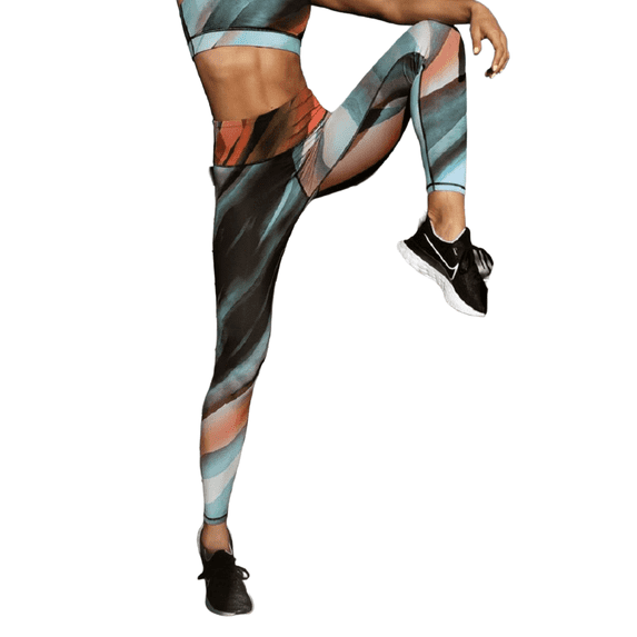 Women's Printed Pocket Activewear Leggings - Waves of Blue Watercolor , L