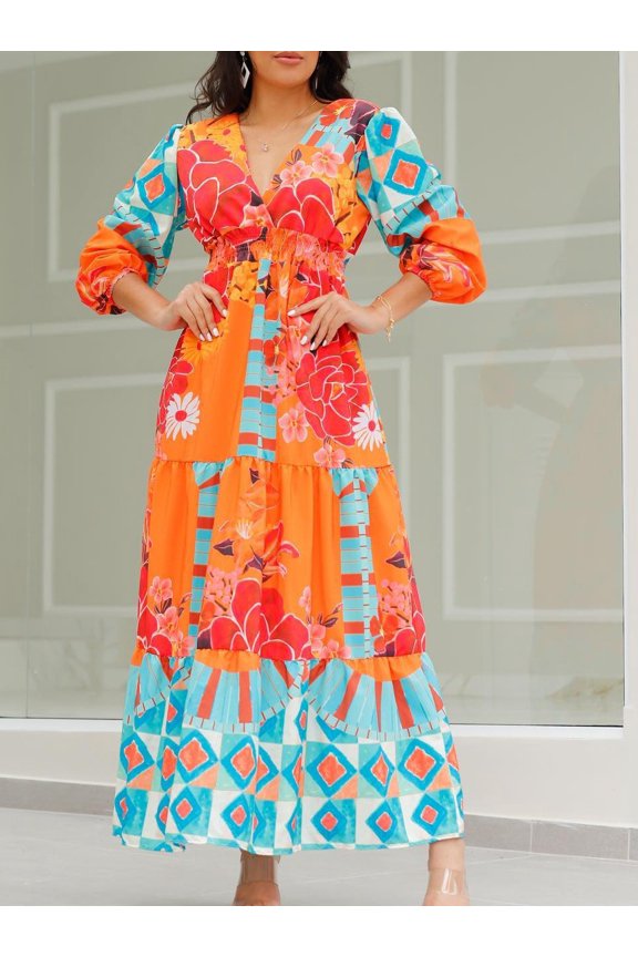 Women's Printed Retro Ethnic Pattern V-Neck Dress