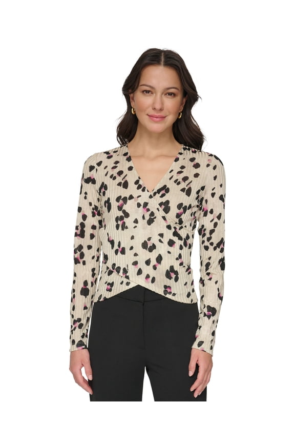 Women's Printed Ribbed Surplice-Neck Top Pebble/Black Multi S