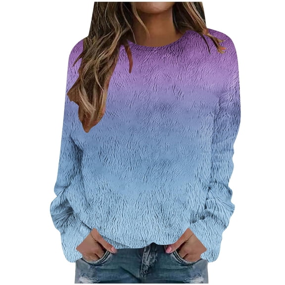 Women's Printed Round Neck Long Sleeve Pullover Off Shoulder Top Warm Faux Fur Casual Wear
