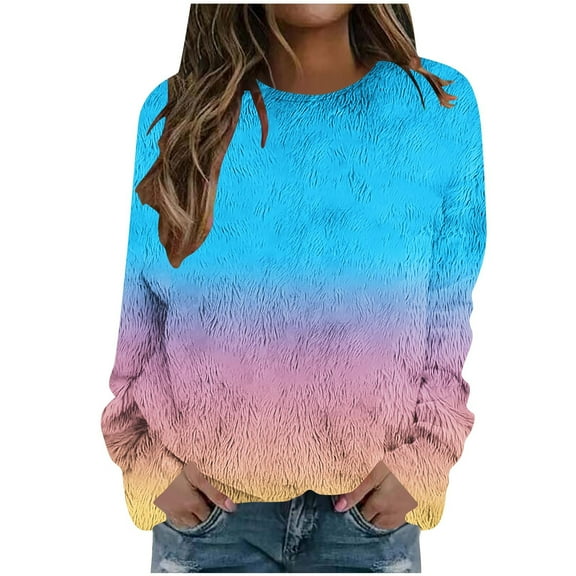 Women's Printed Round Neck Long Sleeve Pullover Off Shoulder Top Warm Faux Fur Casual Wear